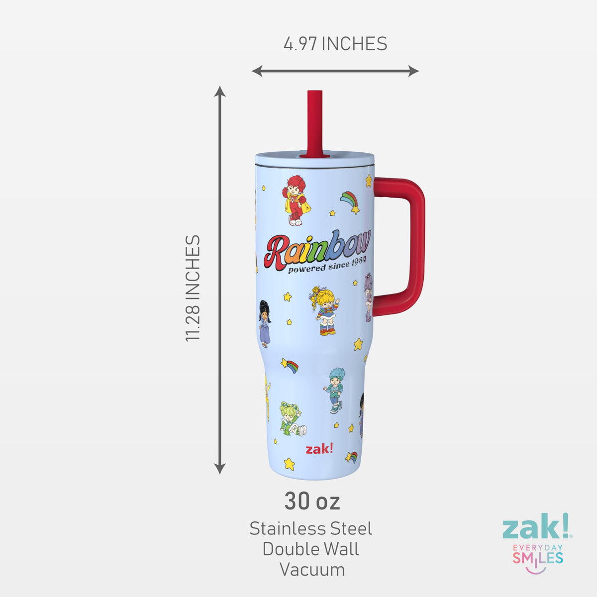 Colorful Rainbow Brite branding on Zak Designs tumbler enhances daily hydration.