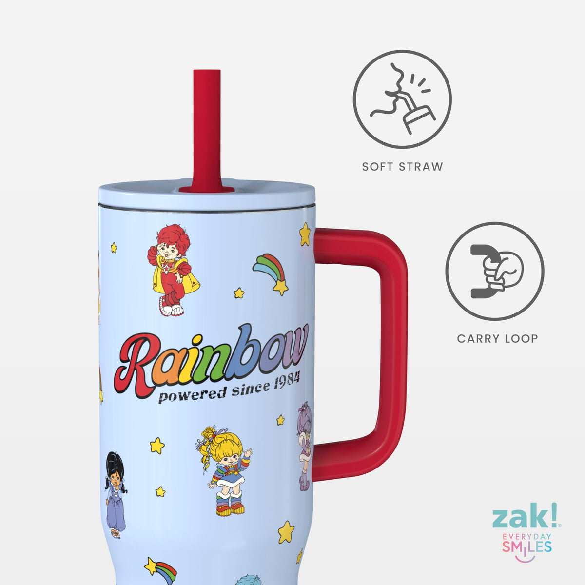 Lid seal helps prevent spills on Rainbow Brite Sutton travel tumbler.