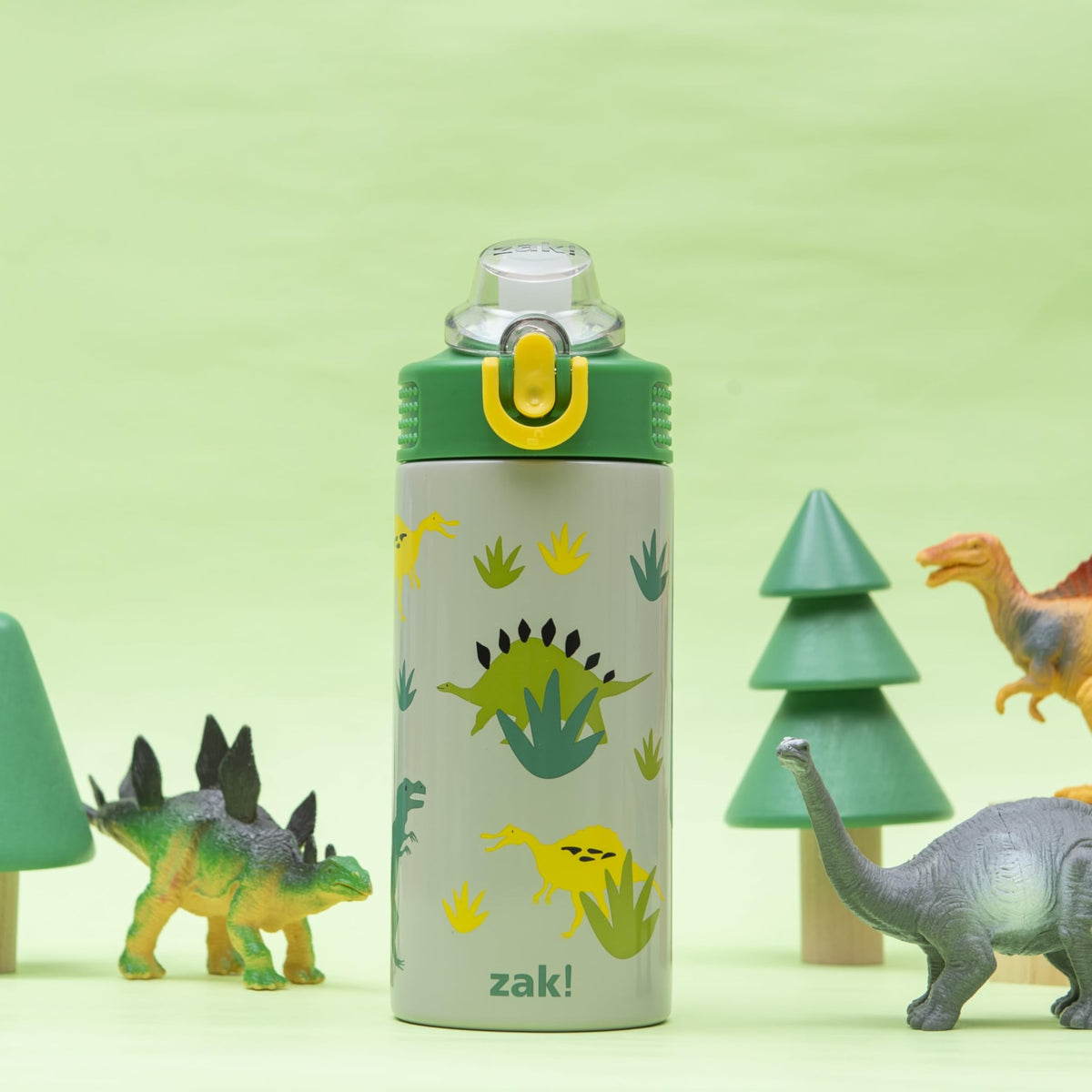 Zak Designs Sage Dino lid with flip lock prevents leaks in backpacks.