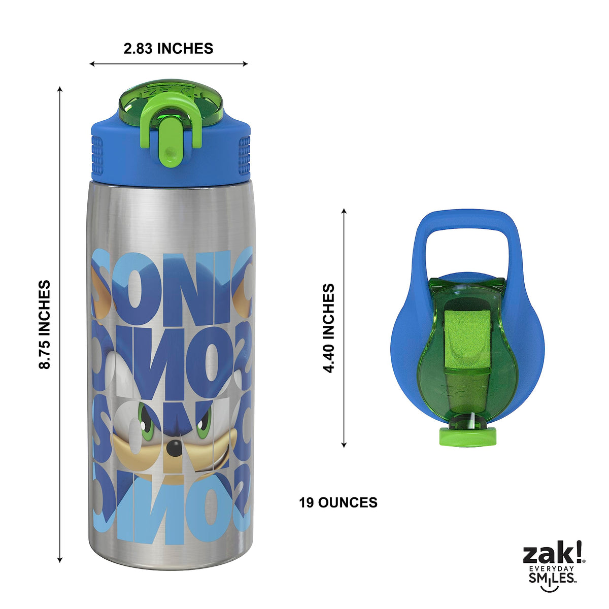 Zak Designs Sonic bottle showing vacuum insulation, keeps beverages cold up to 20 hours.