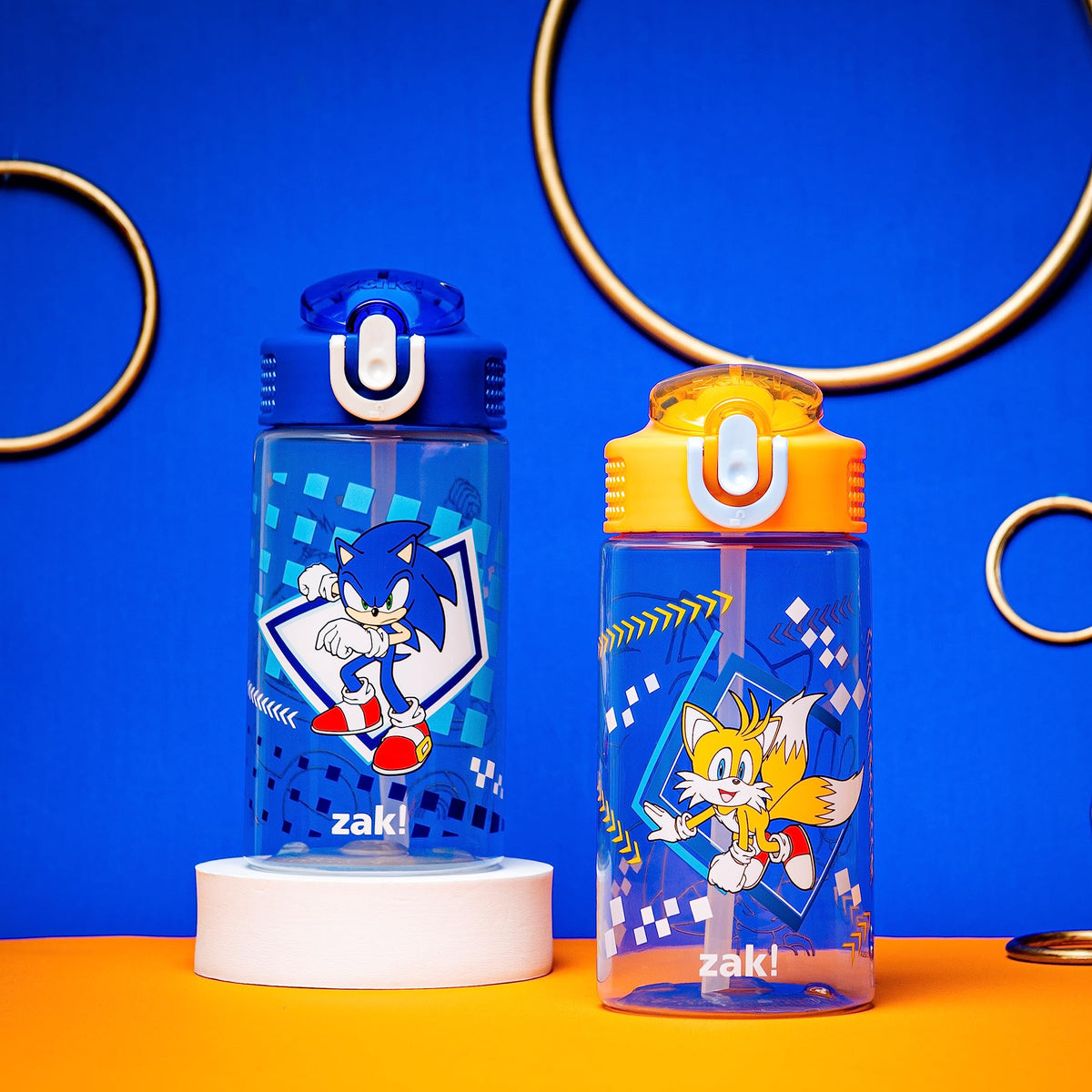 Sonic character bottle showcases spout cover keeping drinking surface clean