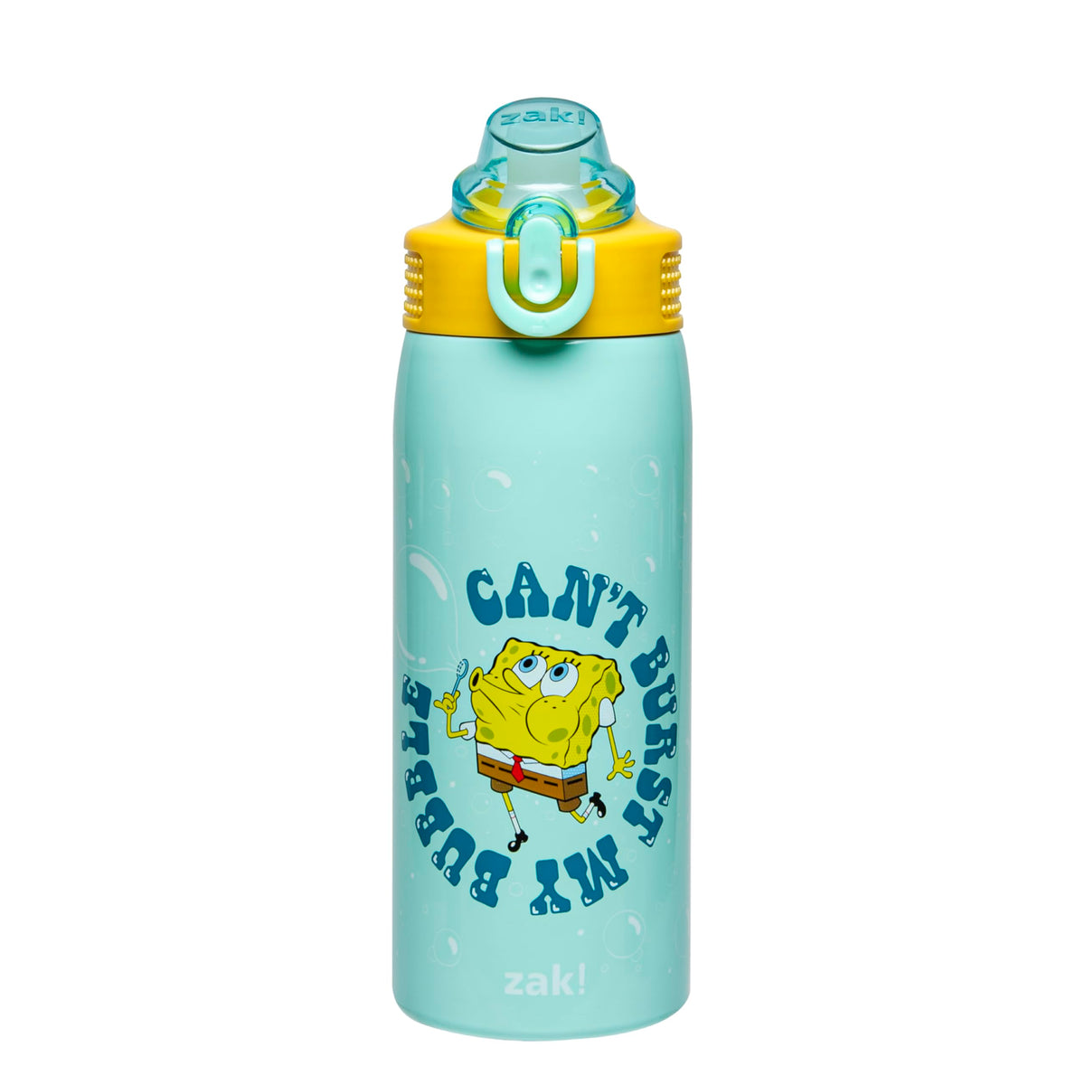 Zak Designs SpongeBob bottle front view highlights durable stainless steel for kids
