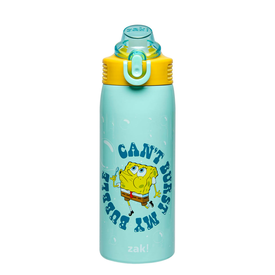 Zak Designs SpongeBob bottle front view highlights durable stainless steel for kids