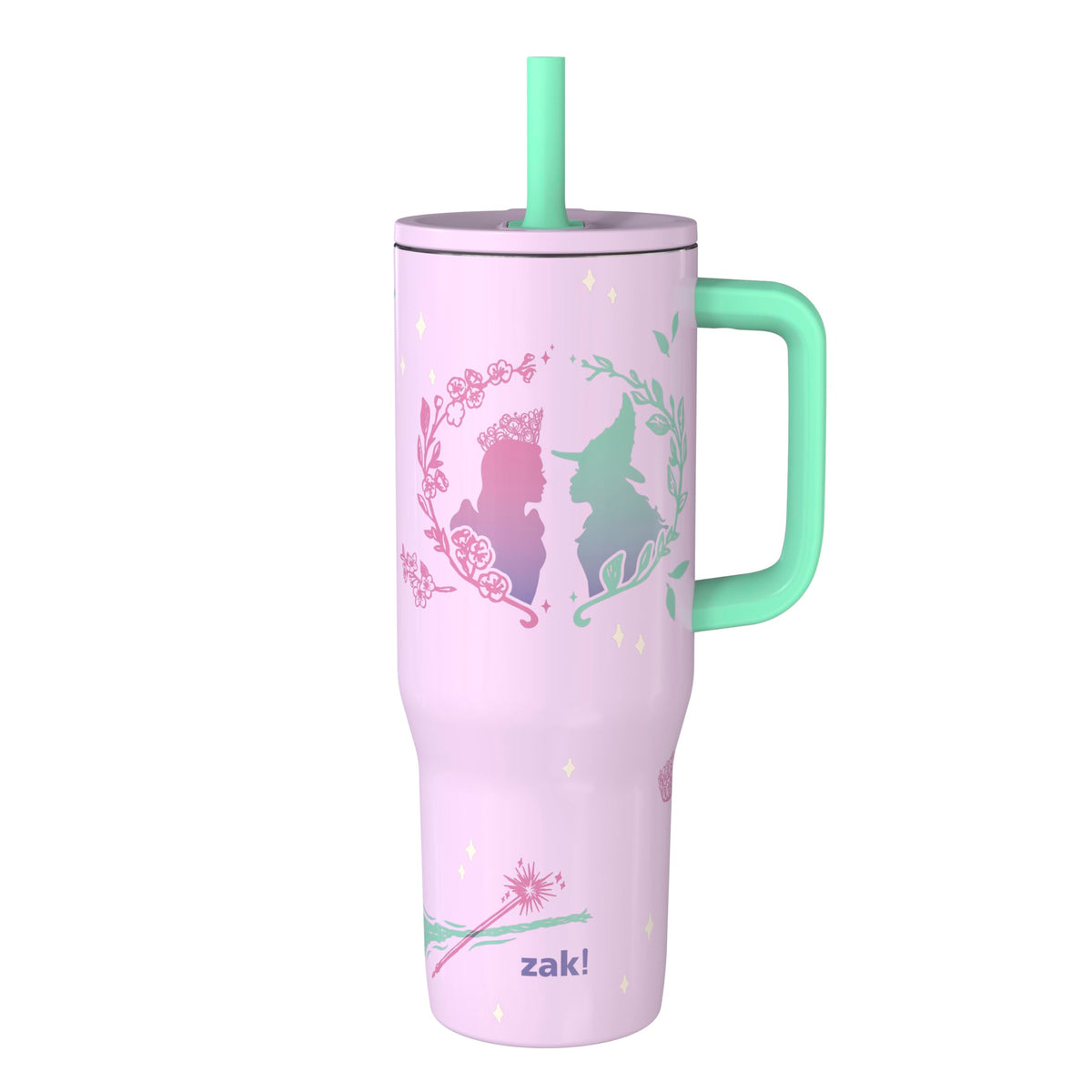 Zak Designs Wicked Sutton tumbler with side handle for secure on-the-go grip.
