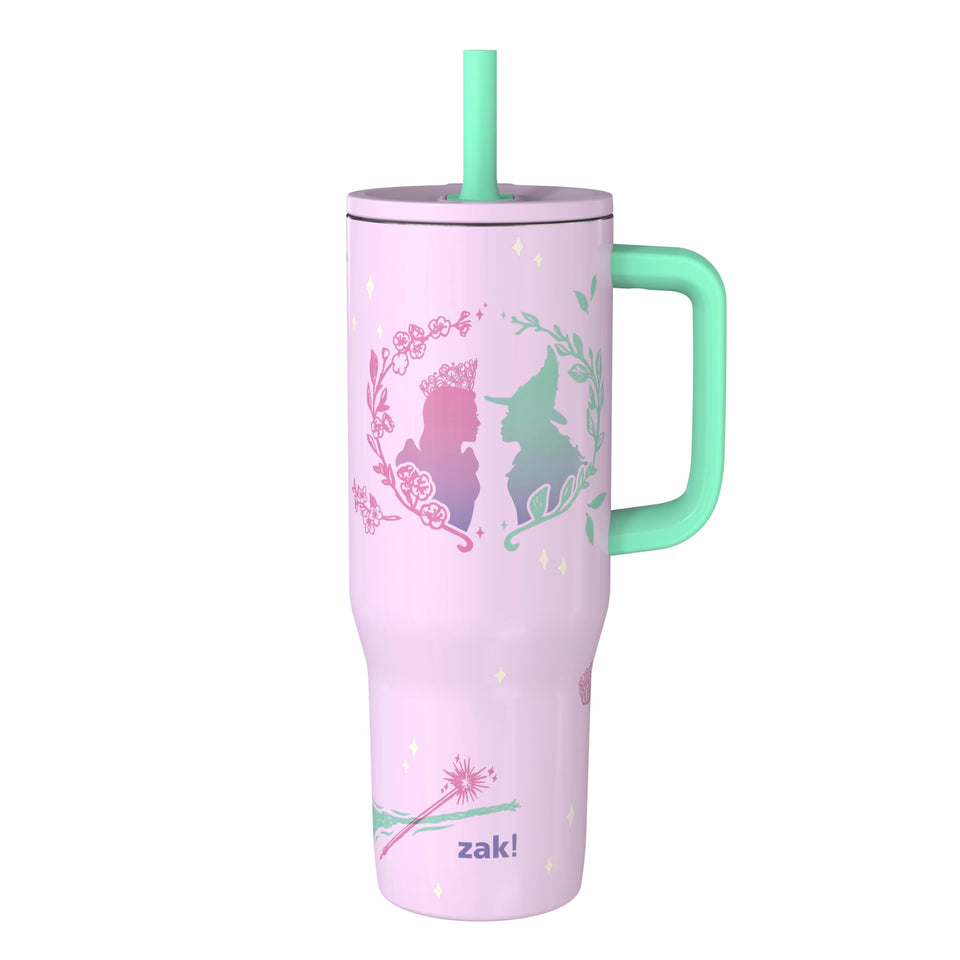 Zak Designs Wicked Sutton tumbler with side handle for secure on-the-go grip.