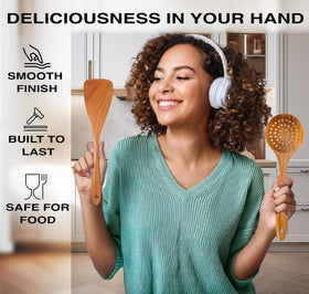 Z&YOU slotted spoon drains liquids while cooking with teak beauty