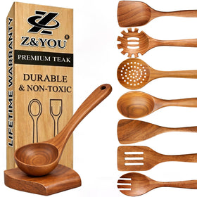 Z&YOU teak utensil set with spatula rest for organized storage and non-toxic safety