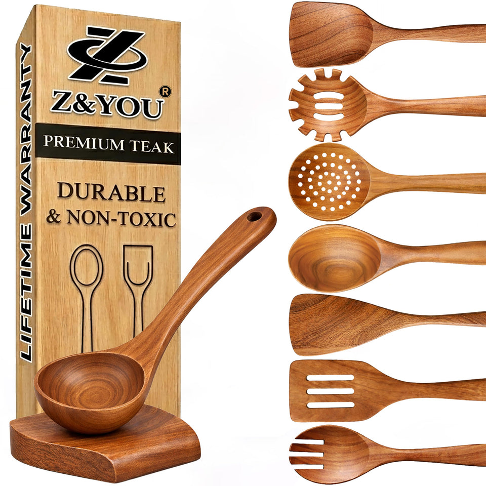 Z&YOU teak utensil set with spatula rest for organized storage and non-toxic safety
