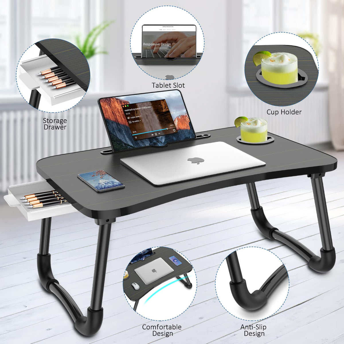 Zapuno foldable desk with drawer keeps essentials organized within reach.