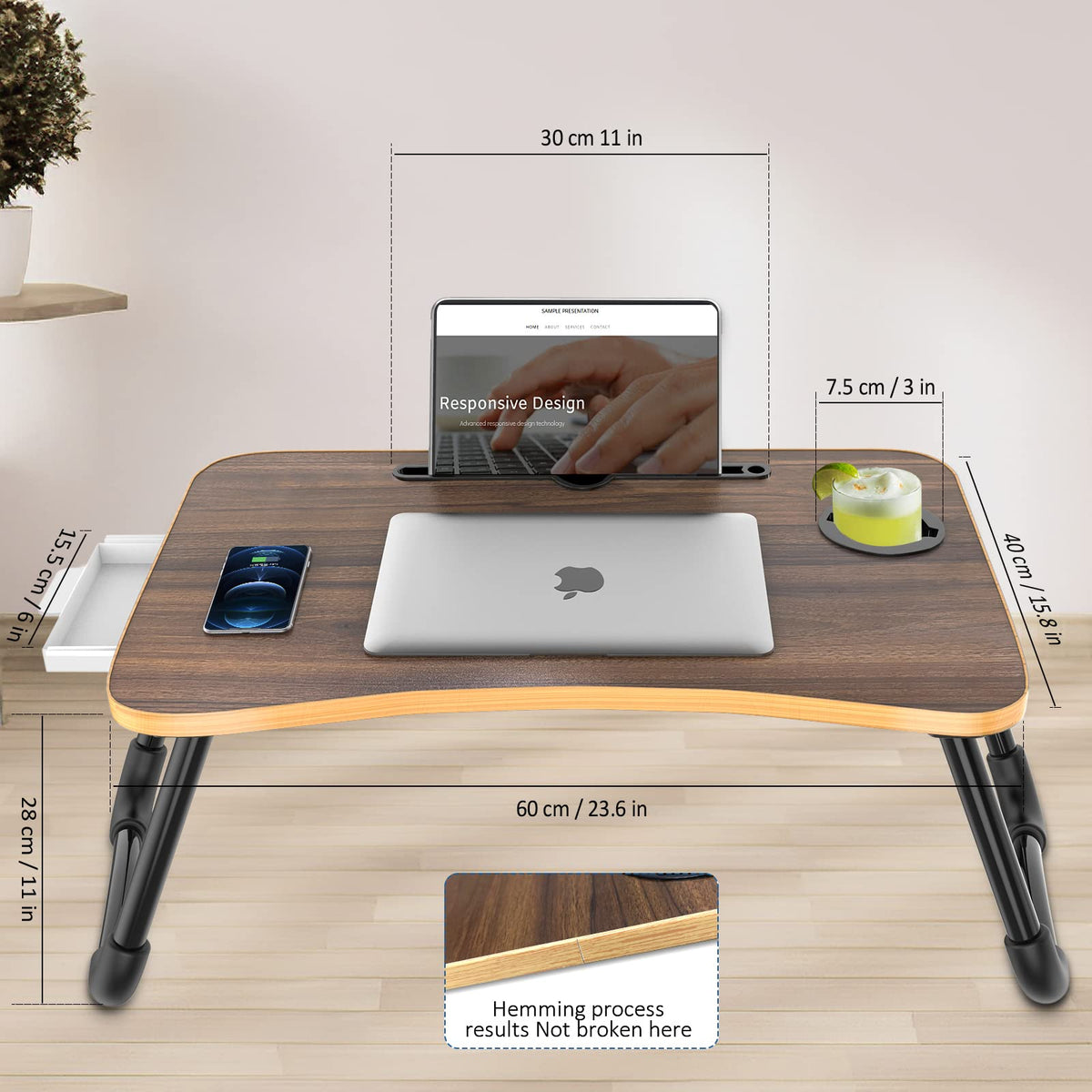 Zapuno foldable laptop bed table with legs folded for compact storage
