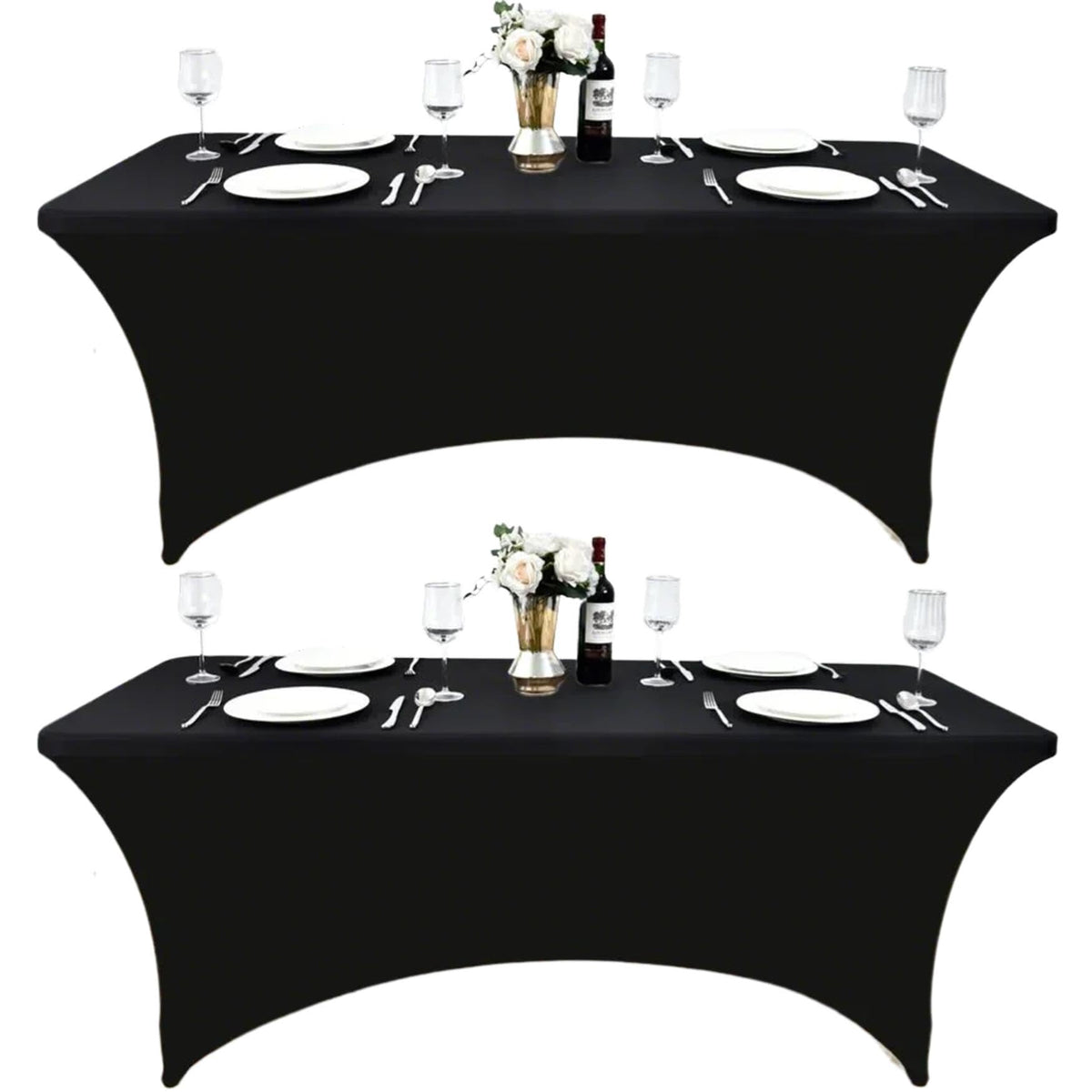 ZarzaaSik 2-pack 8ft black spandex table cover on table for a polished setup.
