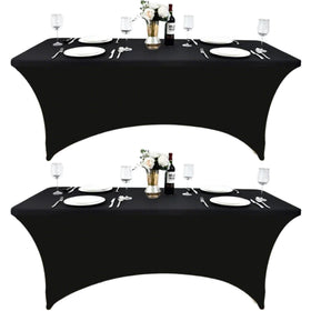 ZarzaaSik 2-pack 8ft black spandex table cover on table for a polished setup.