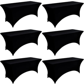 ZarzaaSik 6ft black spandex table cover on folding table for a seamless display