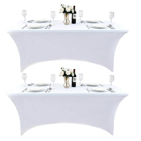 ZarzaaSik 6ft white spandex table cover for folding tables, wrinkle-free and smooth.