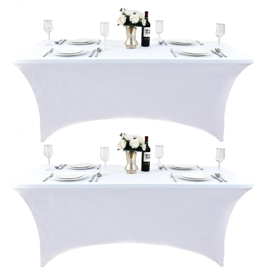 ZarzaaSik 6ft white spandex table cover for folding tables, wrinkle-free and smooth.