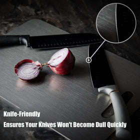 Zaucet titanium cutting board pure titanium close-up highlights non-porous, odor-free surface.