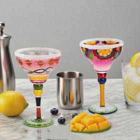 ZAVOOS hand-blown margarita glasses, hand wash to preserve clarity.