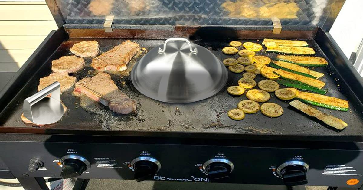 ZBXFCSH griddle dome in a busy kitchen setup with large pans
