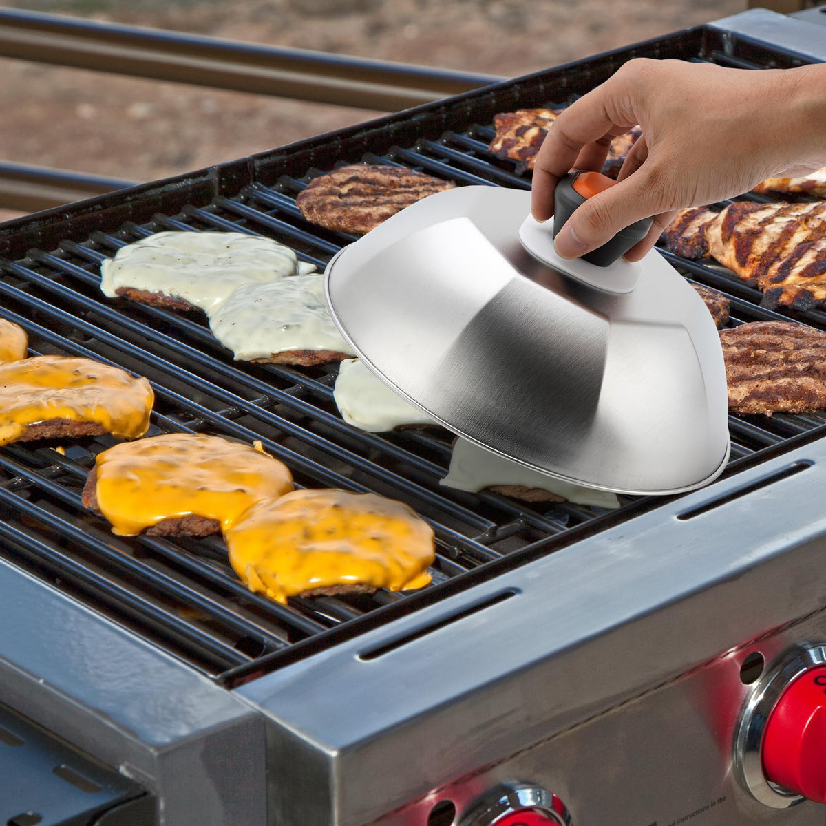 ZBXFCSH heat-concentrating dome on a flat top grill