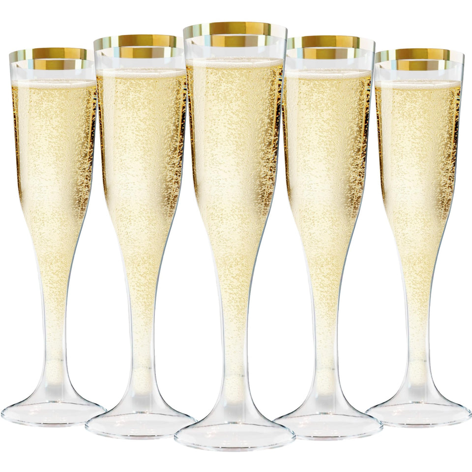 Zcaukya champagne flutes with golden rim in clear plastic for elegant toasts
