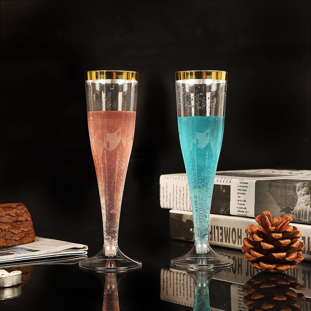 Zcaukya wedding reception display using gold-rim flutes
