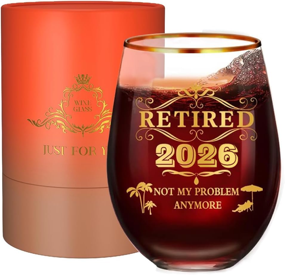 ZCLOMOLC stemless wine glass inside a gift box, retirement gift setup.