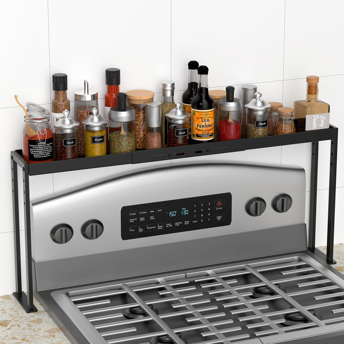 ZDDLOINP spice rack on stove-top assembly showing space-saving organization
