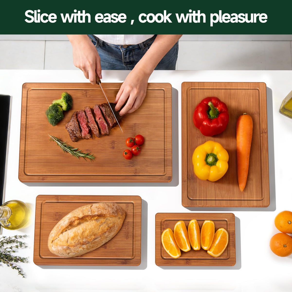 Zeawec four-piece kitchen cutting board set keeps your workspace organized.