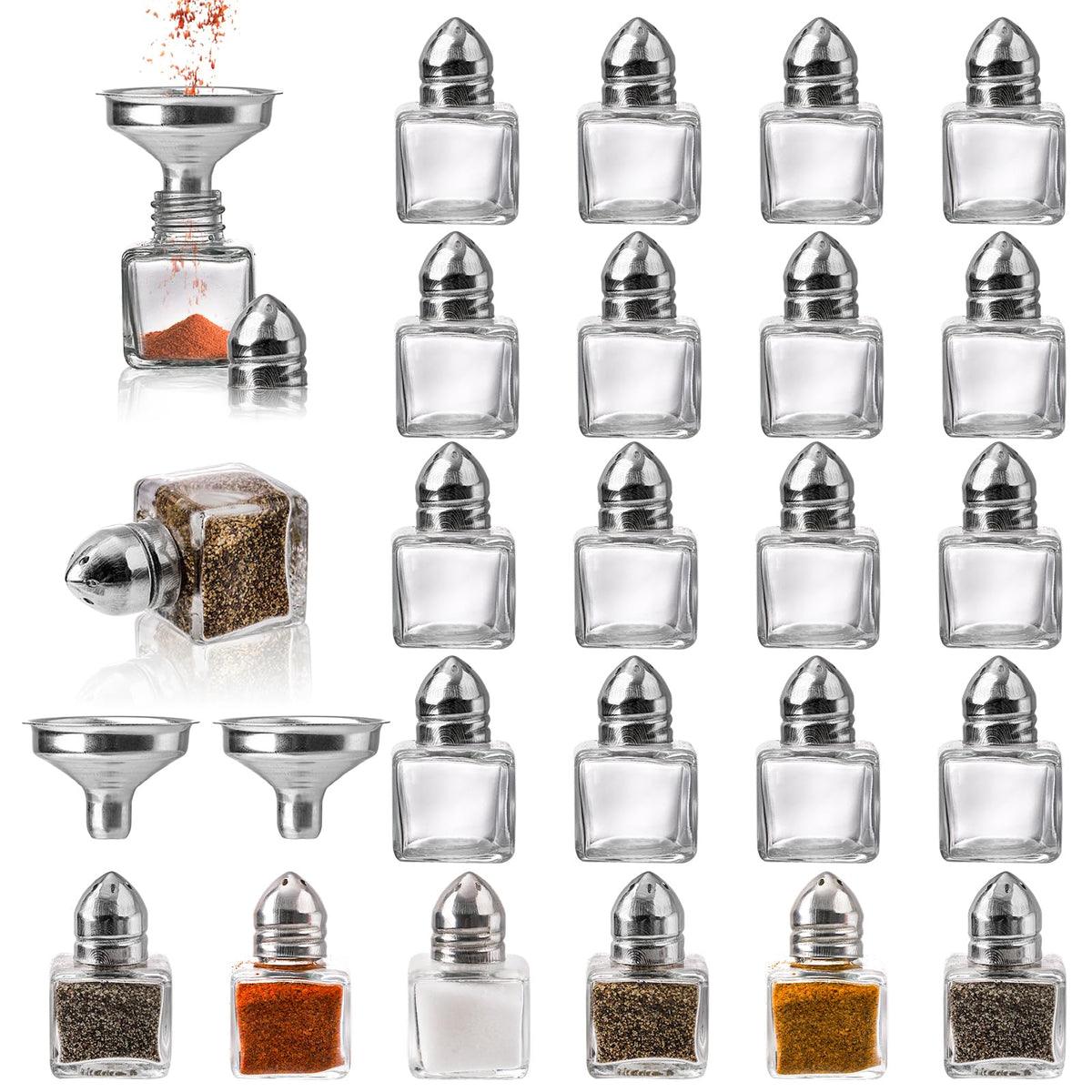 ZEAYEA 24-piece mini glass salt and pepper shakers for elegant table settings.