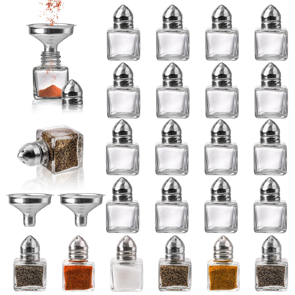 ZEAYEA 24-piece mini glass salt and pepper shakers for elegant table settings.