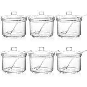 ZEAYEA six-pack clear acrylic sugar bowls with lids and spoons for organized counters.