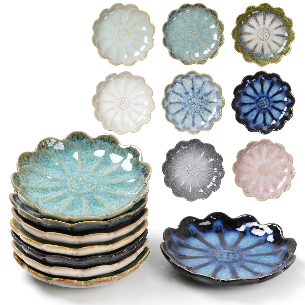 Zeberbo ceramic dipping bowls with flower shape for elegant sauce presentation.