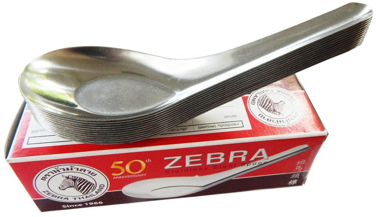 Zebra stainless-steel soup spoon closeup shows durable, polished finish for everyday dining.