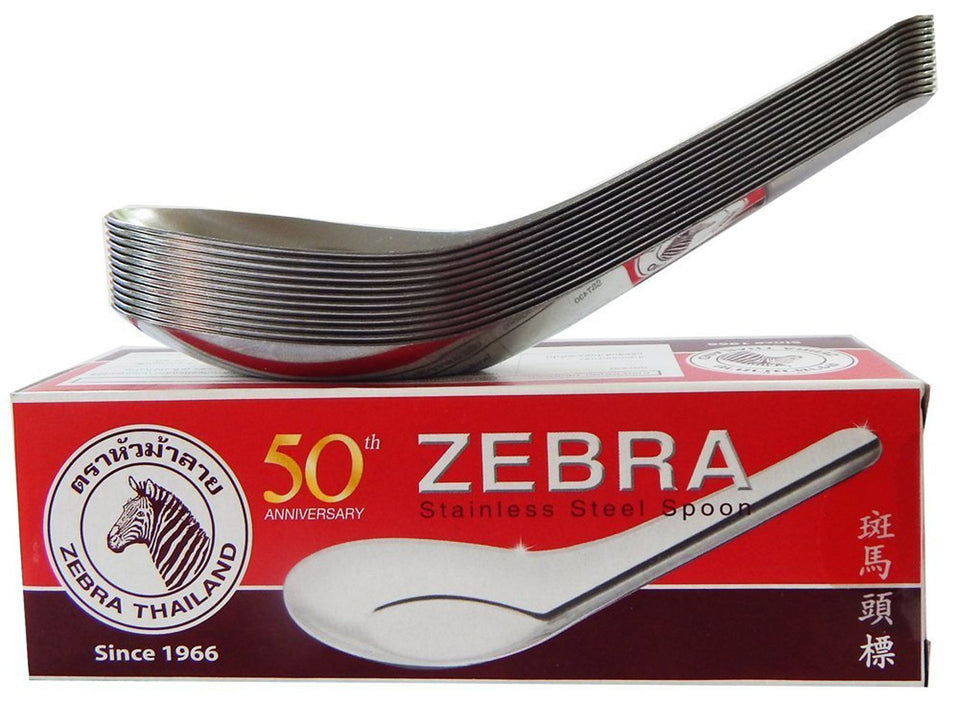 Zebra Thai rice soup spoon 12-pack on display, ideal for family meals.