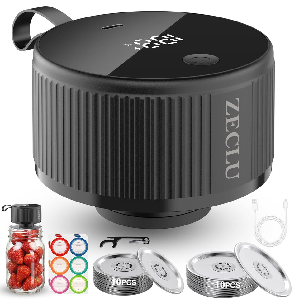 ZECLU electric jar vacuum sealer in use on a wide-mouth jar for quick sealing.