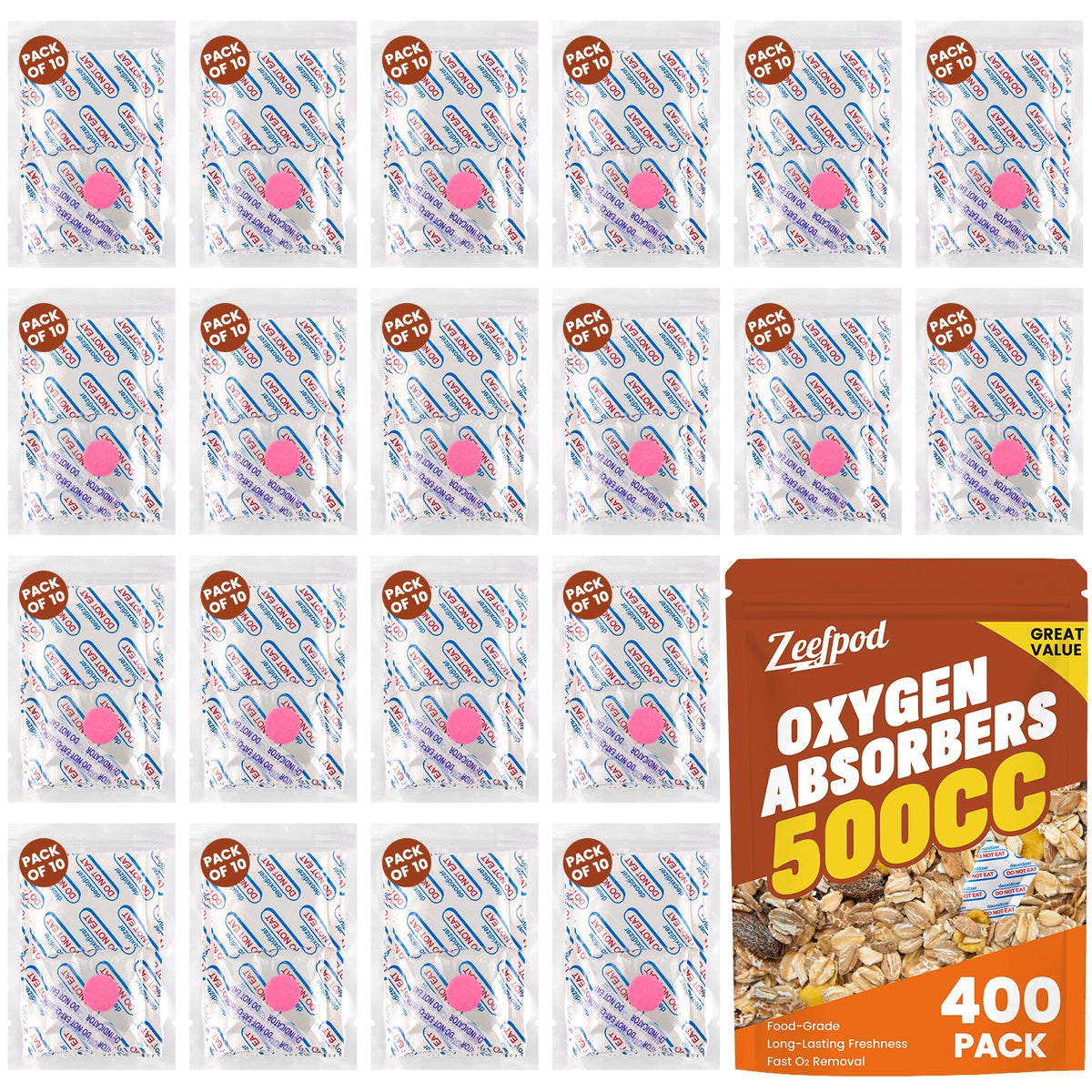 Zeefpod oxygen absorber 500cc capacity reduces oxygen in large Mylar bags for freshness.