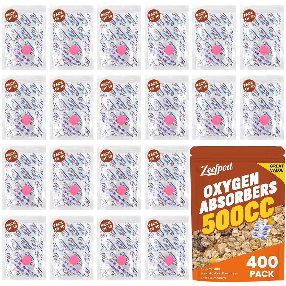 Zeefpod oxygen absorber 500cc capacity reduces oxygen in large Mylar bags for freshness.