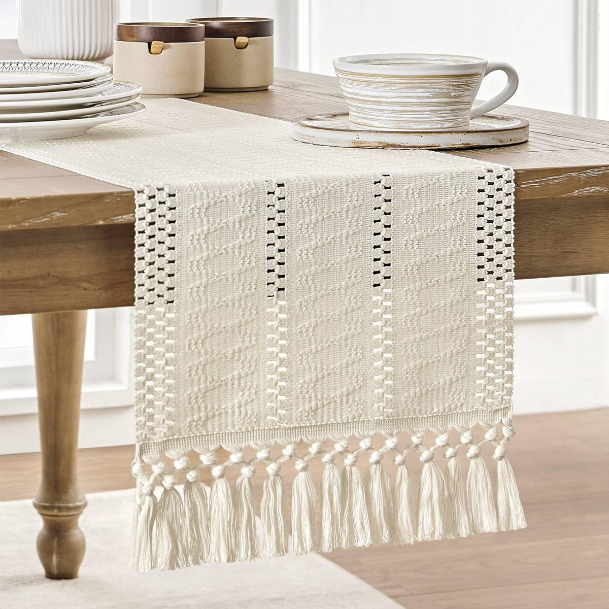 ZeeMart macrame-style boho table runner in ivory, perfect for a refined centerpiece.