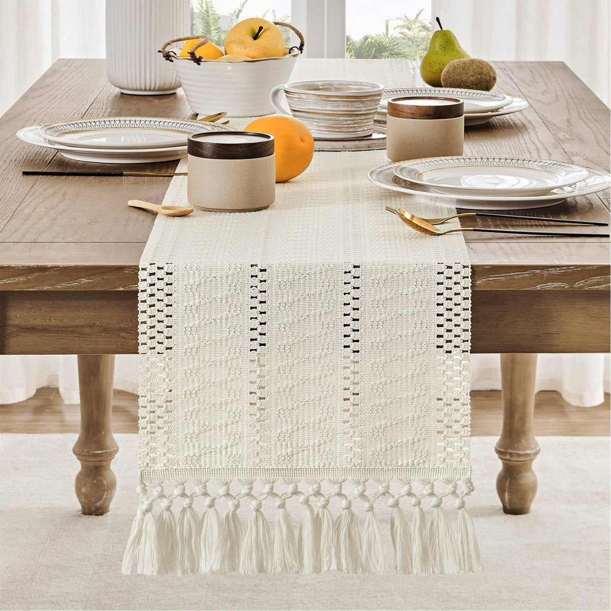 ZeeMart woven textured runner with fringe enhances rustic dining settings.