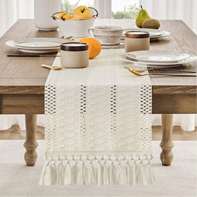ZeeMart woven textured runner with fringe enhances rustic dining settings.