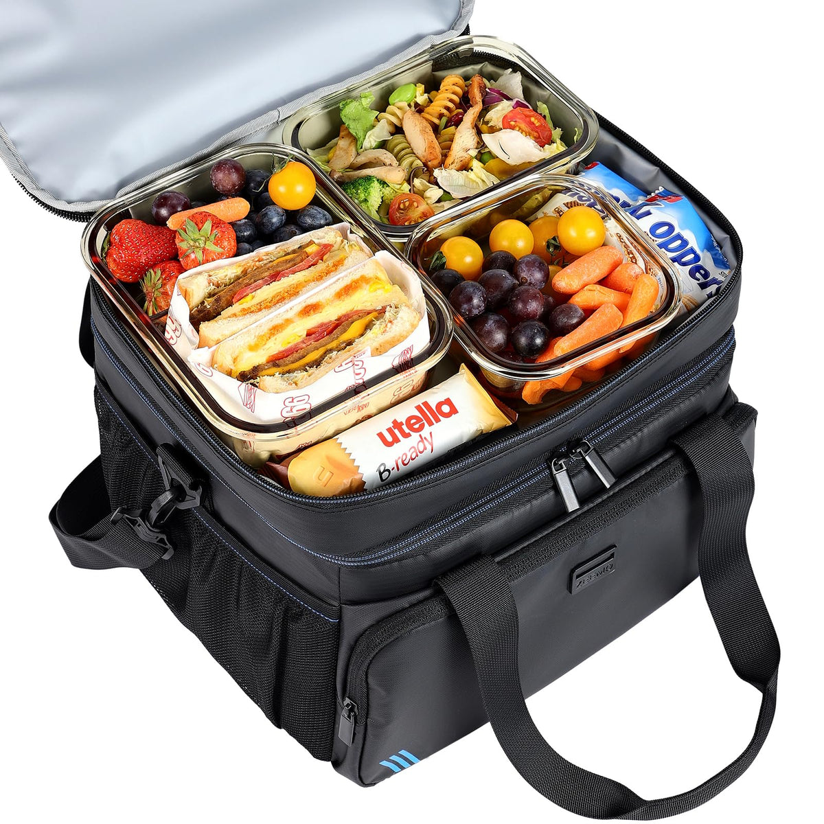 ZEEMO Soft Cooler Bag front pocket adds space for utensils and snacks.