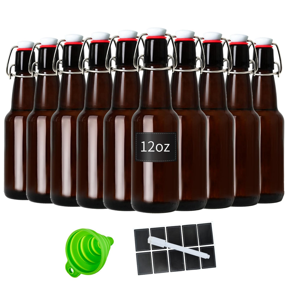 Zelomithe 12oz amber glass bottle with swing top, ideal for fermentation.