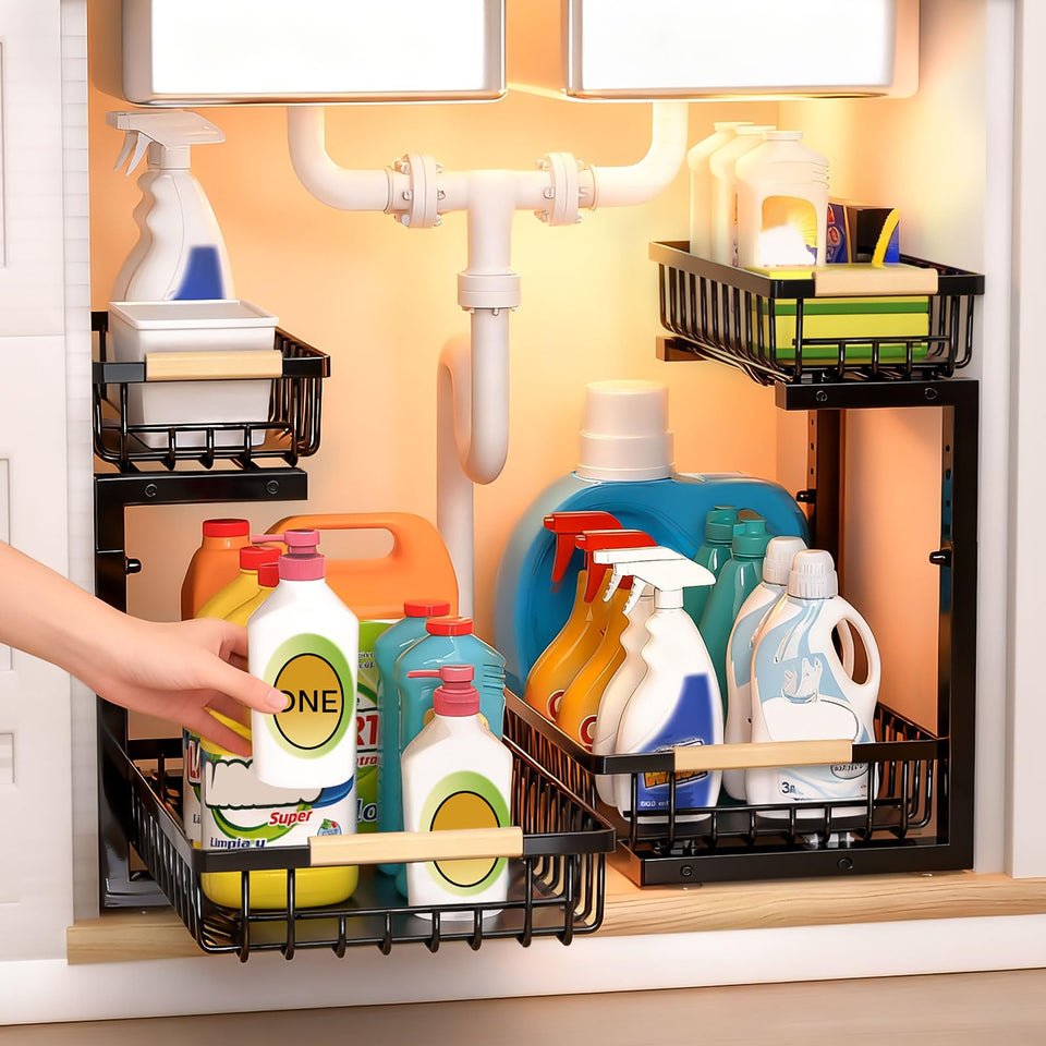 ZELOREA under-sink organizer assembly shows easy setup and space optimization.