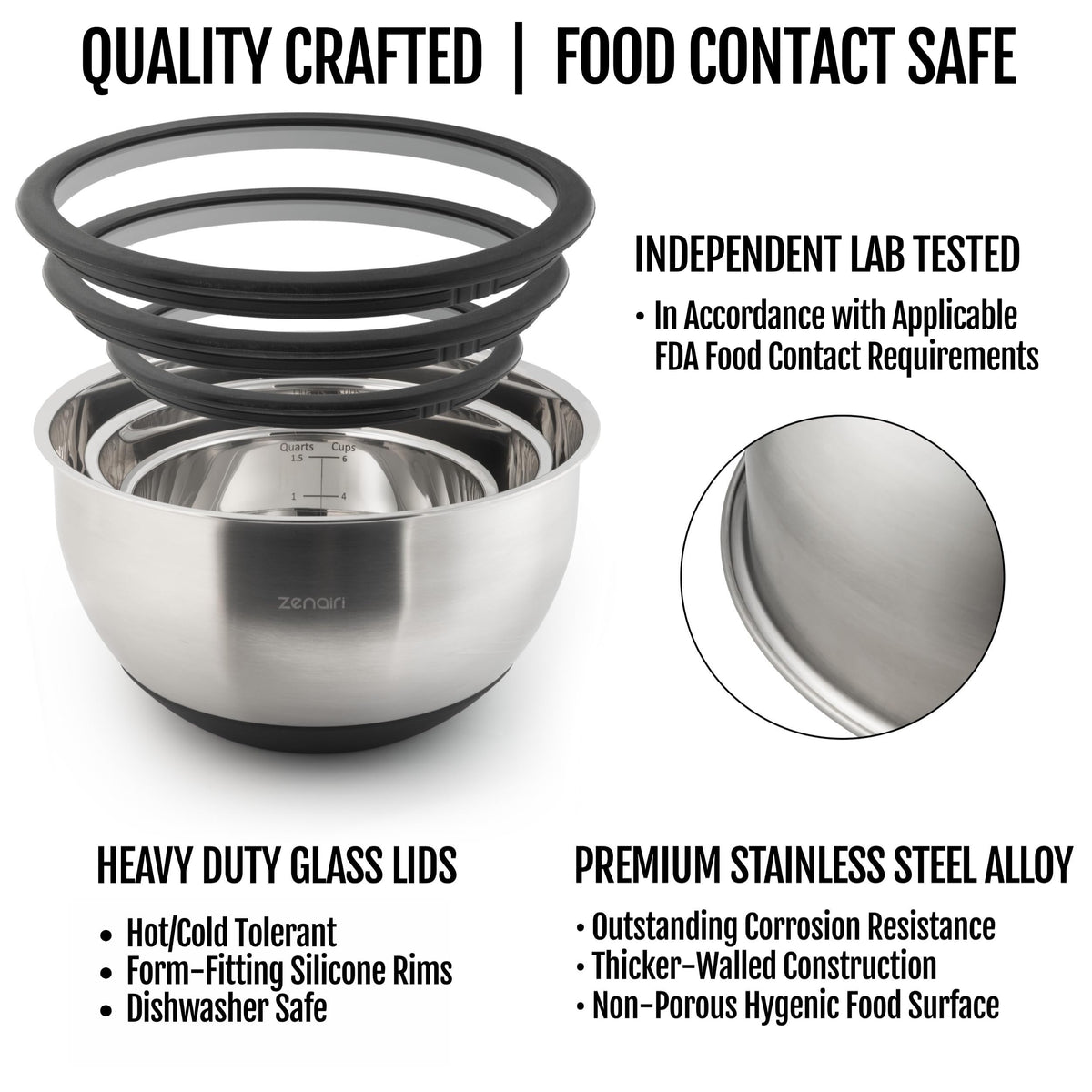 Zenairi tempered glass lid fits bowls and shows contents.