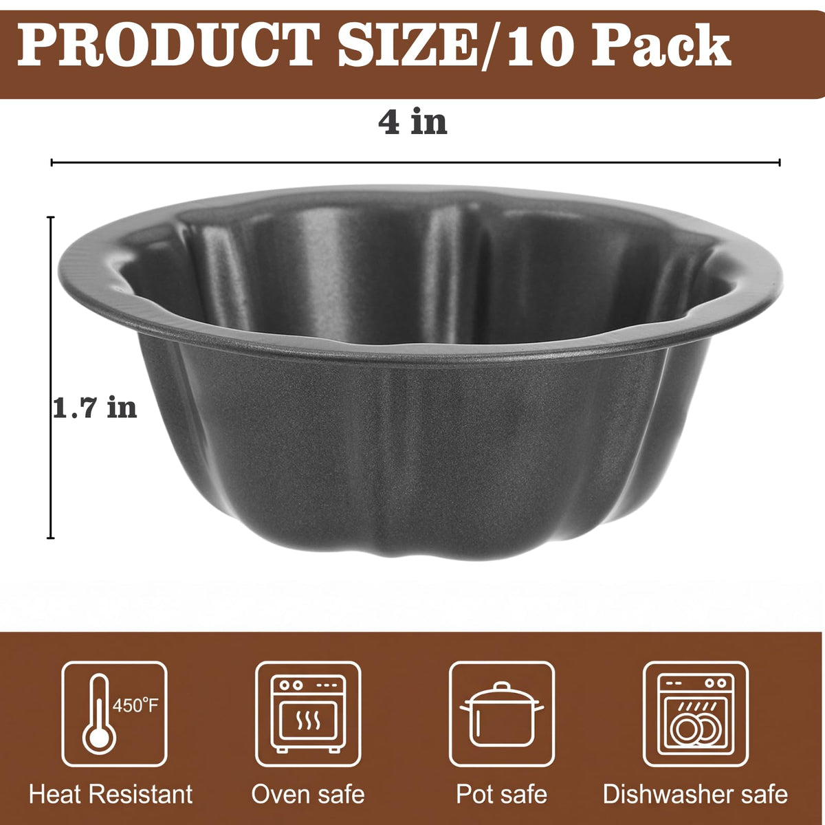 ZENFUN fluted tube pans side view showing 1.7 inch height for compact mini baking