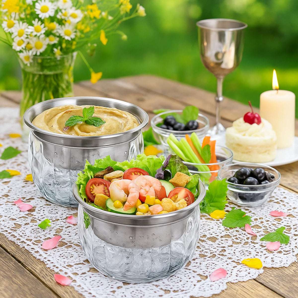 ZENFUN outdoor BBQ scene with two-pack serving bowls on ice.