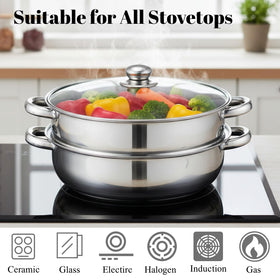 ZENFUN 2-tier steaming basket, flexible setup for vegetables and dumplings.