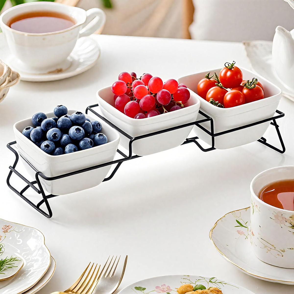 ZENFUN three-bowl serveware on a compact rack for organized display.