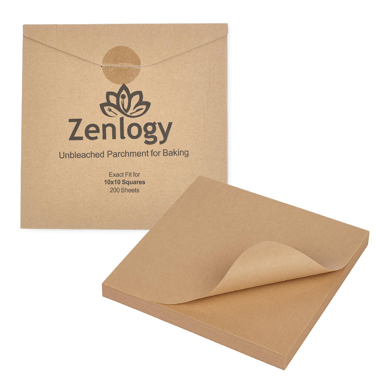 Zenlogy 10x10 parchment squares stacked for quick pre-cut baking prep.