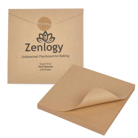 Zenlogy 10x10 parchment squares stacked for quick pre-cut baking prep.